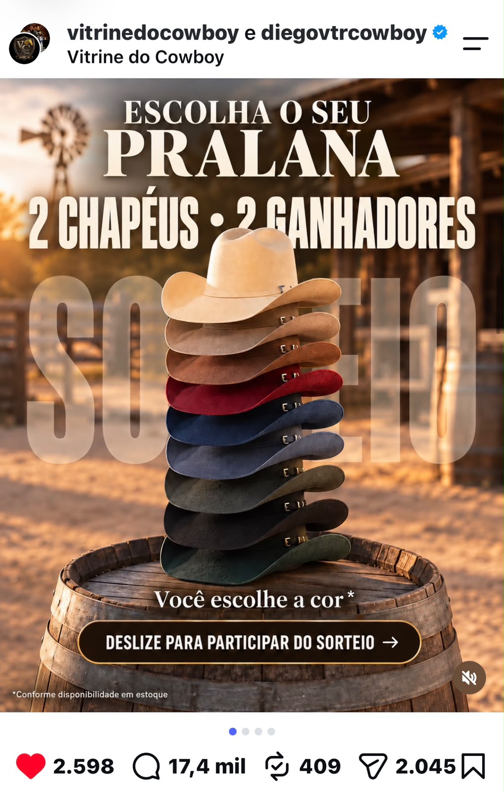 Post Oficial Sorteio Chapéus Pralana